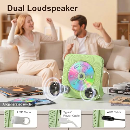 Image of Gueray CD Player Portable Bluetooth Desktop CD Player for Home with Timer Built-in HiFi Speakers with LCD Screen Display Boombox FM Radio USB Type-c (Green)