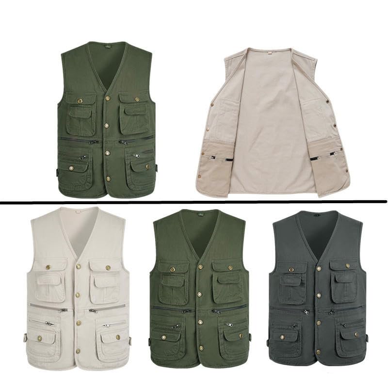 USTZFTBCL Men's Spring Autumn Pure Cotton Snap Button Multi-Pocket V-Neck Vest Middle-Aged Elderly2