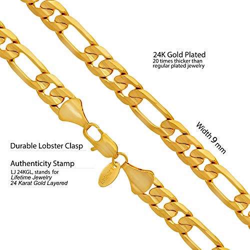 LIFETIME JEWELRY 9mm Figaro Chain Necklace 24k Real Gold Plated for Men and Women4