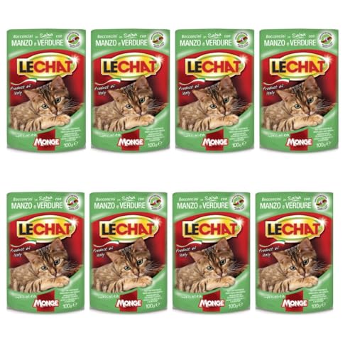 Cibo Umido Gatti | Bocconcini in Salsa Manzo e Verdure | 8 Buste da 100g | Alimento Umido Per Gatti Adulti | Cotto a Vapore | Alimento Completo| Con omaggio