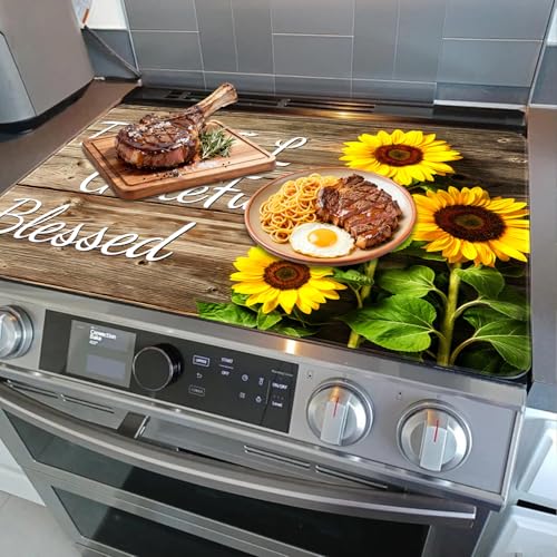 Image of Sunflower Stove Top Cover for Electric Stove 28 inch x 20 inch Heat Resistant Glass Stove Top Cover Protector with Thankful Grateful Blessed Design Glass Cooktop Cover for Electric Stove Kitchen Counter Cover