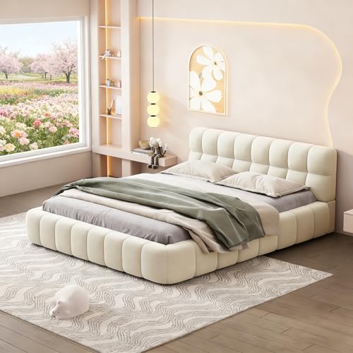 BRILVERDE Polsterbett 140x200 cm Bubble Bett, Doppelbett mit Weiches Kopfteil, Jugendbett, Bettgestell mit Lattenrost, Leinen, ohne Matratze (Beige, 140 x 200 cm) – Bild 7