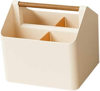 Portable Compartment Storage Box with Handle for Home Desk Use | Plastic Beige Organizer, for Stationery and Remote Controls, Bathroom Countertop, Reusable Compartment Layout