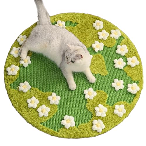 31 x 31 Inch 3D Garden Cat Scratcher Mat Flower Sisal Cat Scratch Pad Floor Round Cat Scratching Pads Area Rug for Indoor Cats Protector for Wall&Sofas Green Moss Cat Claw Pad (White Flowers)