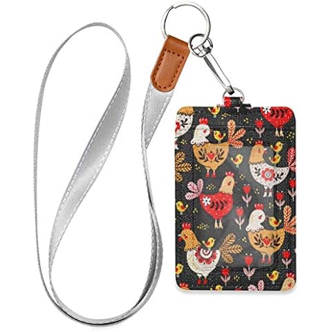 MOYYO Cute Rooster Chickens Badge Holder PU Leather ID Badge Card Holder with 1 Clear ID Window, 2 Credit Card Slots and a Detachable Neck Lanyard for Offices ID School ID Cover