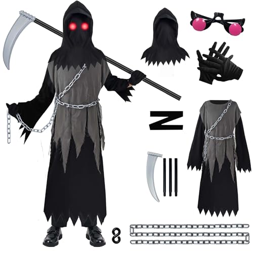 Costume de faucheuse Halloween pour garçon avec yeux lumineux led