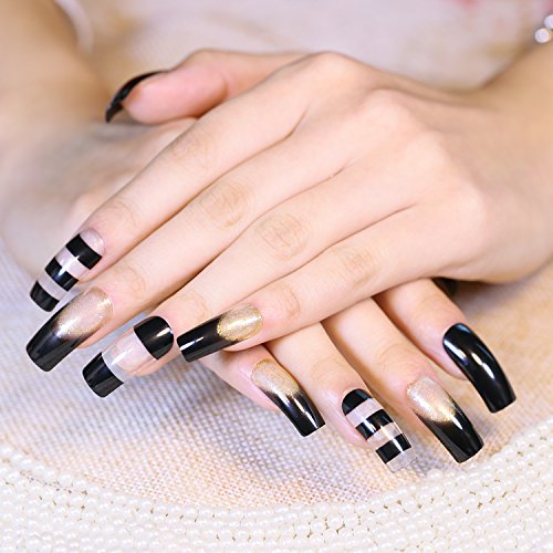 24pcs 12 Different Sizes Hollow Black Transparent Glitter Long Square Head Full Cover Soft False Nails Tips (black)