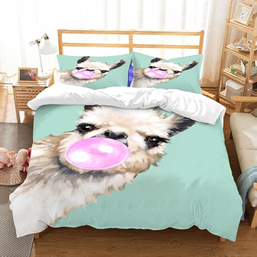 NIOYNJIS Juego de ropa de cama tamaño King – Funda de edredón de plumón, juego de funda de microfibra suave con 2 fundas de almohada, llama andina soplando chicle rosa anteriormente llama, una especie
