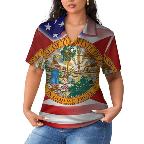 Polo de manga corta para mujer Waving con bandera de Florida y EE. UU., tejido transpirable