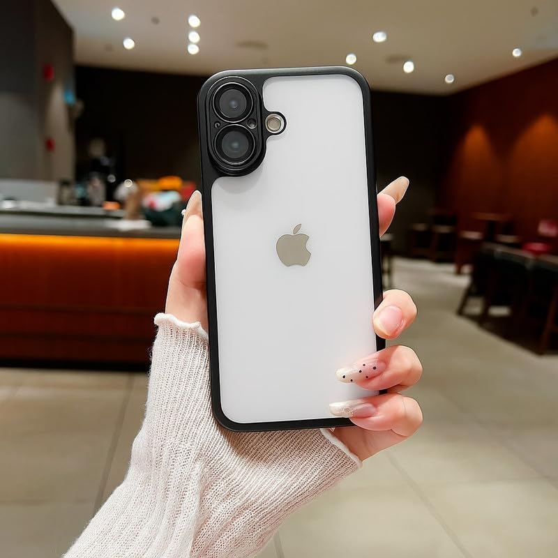Image of LuxuryKase Hybrid Frosted Clear Case for iPhone 17 | Matte Hard Back Cover | Metallic Frame | Shockproof Slim Design | Anti-Fingerprint | in-Built Camera Lens Protection - Black