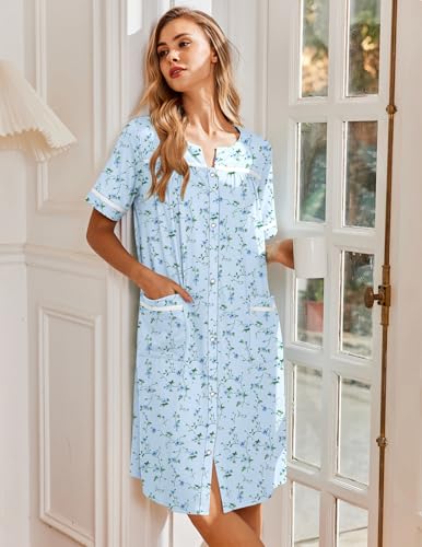 Image of Ekouaer Nightgowns for Women House Dress with Pockets Snap Front House Coat Short Sleeve Duster Moo Moos Sleepwear S-3XL