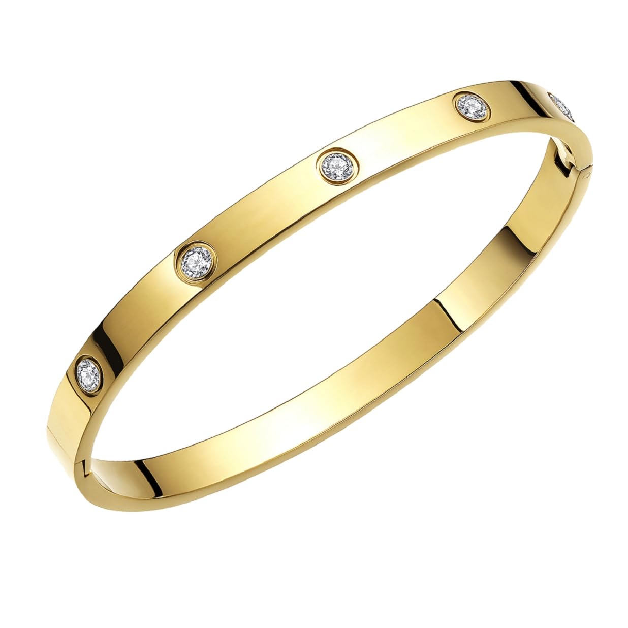 Harlorki Shiny 14K Gold Plated Round Buckle Personalized Stainless Steel Cubic Zirconia Rhinestone Charm Open Bangle Cuff Bracelet for Men Women Fashion Jewelry