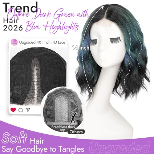 Image of Eawwii Wigs for Women Green Blue Highlights,Short Wavy Synthetic Lace Wig | Glueless 4x1 Lace Hairline, Heat-Resistant Fiber,Bob Wave Style,Natural Appearance for Everyday Cosplay 14 Inch