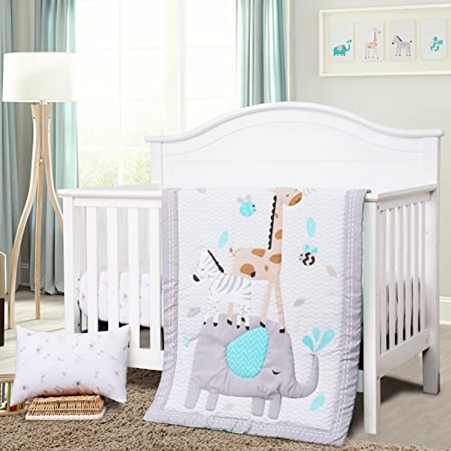 Image of JISEN 3 Piece Crib Bedding Set Crib Quilt Crib Sheet Pillowcase - Soft Microfiber Printed Nursery Set for Baby Boys or Girls Gray