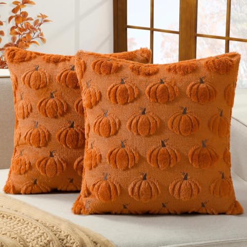 Softalker Fall Throw Pillow Covers 18x18 Set of 2 Rust Orange Pumpkin Decor