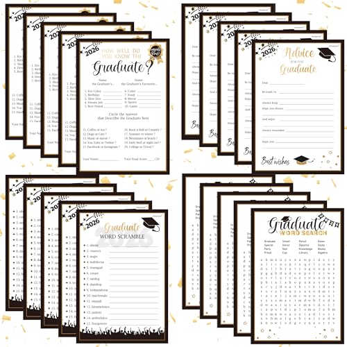 Haxpacal Graduation Party Games - Black and Gold Graduation Decorations Set of 4 Games for 50 Guests Double Sided Cards Graduation Party Supplies