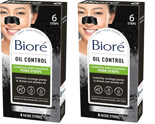 Biore Charcoal, Deep Cleansing Pore Strips for Blackhead Removal on Oily Skin, with Instant Blackhead Removal and Pore Unclogging, features Natural Charcoal, 3x Less Oily Feeling Skin, 6 Count