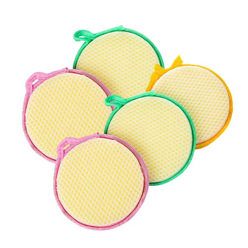 Image of Healifty Double-Sided Round Kitchen Cleaning Sponge Pads 4.72 Inch Durable Dishwashing Scouring Pads for Household Surface Pot and Dish Cleaning - 5 Pack