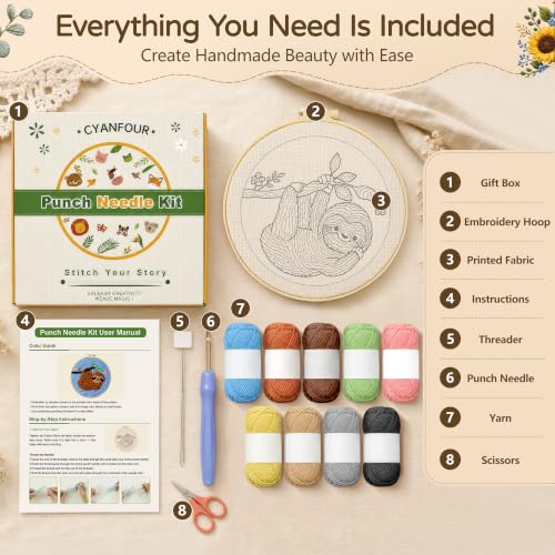 Image of CYANFOUR Punch Needle Kit for Beginners, Sloth Punch Needle Kits Adults, Craft Kits for Adults with 2 Pre-Printed Fabrics, Embroidery Hoop, Threads, DIY Gift and Home Decor 20 * 20cm