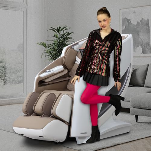 Image of ROBOTICVIBE RV7575 4D Massage Chair for Home | 18 Auto Programs | Health Detection Sensors | 143cm i-Open Flex Rail | 6 Aromatherapy Scents |Voice Control|Zero Gravity|Wireless Charging - White Brown