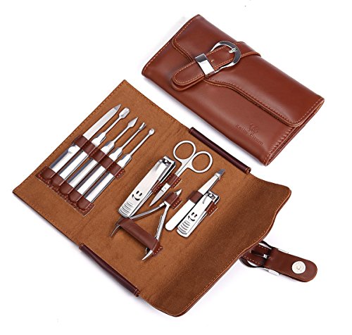 Manicure Set Nail Clipper Set of 10pcs With Leather Case - Professional Stainless Steel Grooming Kit Pedicure Set for Travel (Brown)