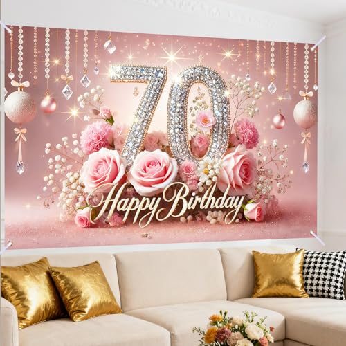 Image of Nuxovilar 70th Birthday Banner - Elegant Pink & Gold Floral Backdrop