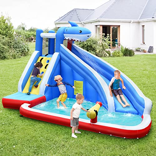 OLAKIDS Inflatable Water Slide, Shark Theme Bounce House with Slide, Splash Pool, Climbing Wall, Water Gun, Outdoor Jumping Castle with Hose, Carry Bag, Blower