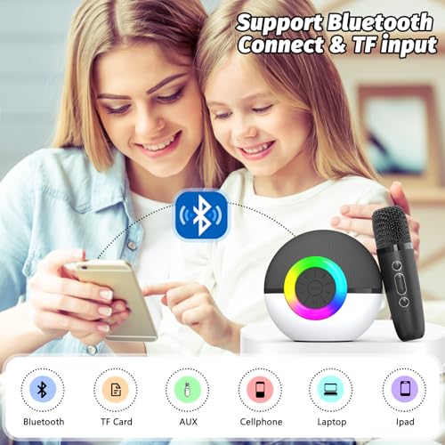 goopow Mini Karaoke Machine Speaker for Kids Adults, Portable Bluetooth Microphone Song Toys with LED Light, Best Chritmas Birthday Festival Gift for 3 4 5 6 7 8+ Year Old Girls Boys (Black-2 Mic) - Image 4