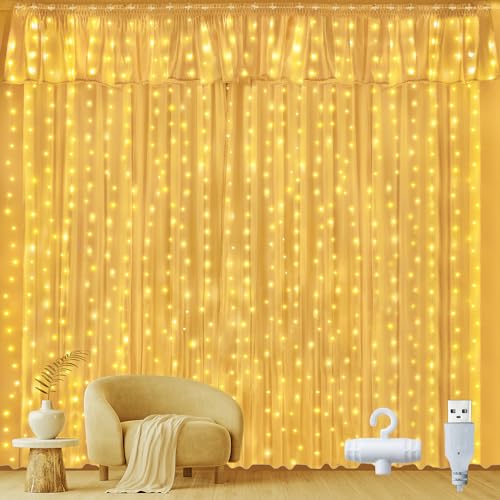 Ollny Curtain Lights Indoor Outdoor, 300LED 3mx3m Waterfall Hanging Plug in String Lights, Waterproof Window Lights for Bedroom/Wall/Outdoor/Wedding/Party