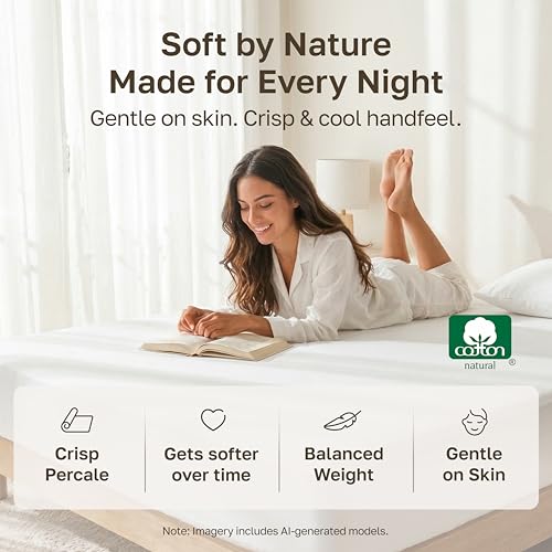Image of California Design Den 100% Organic Cotton Fitted Sheet Full Size Only - Percale Full Size Fitted Sheet with Deep Pockets, Crisp, Lightweight, Snug-Fit - White