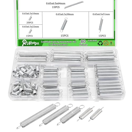 Image of 80 PCS Extension Spring Assortment Kit 5 Different Sizes, 0.025 inch Wire Diameter, 1 /4 inch Outside Diameter, 13 /32 inch to 2-1 /2 inch Length,Zinc Plated Extension Springs for Home Repairs & DIY
