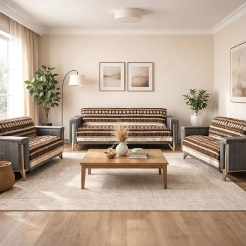 Image of Elegant Woven Brown Sofa Cover Soft Chenille Traditional Pattern with Lace Style | L-Shape Sectional Seat Protector for Living Room | Durable & Stylish Slipcover 7 Seater Sofa Cover