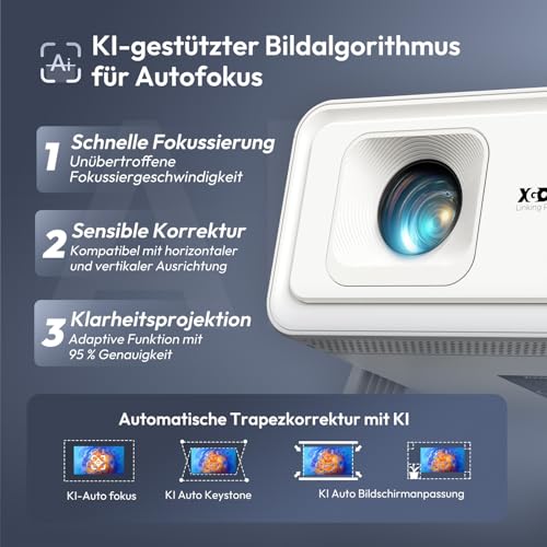 Xgody A1 Smart Beamer Heimkino Projector, Unterstützt 4K 1080P Projektor mit WiFi 6 und Bluetooth 5.4, Autofokus & Auto Trapezkorrektur, 180°Drehung Kompatibel mit HDMI/Laptop/Android/iPhone