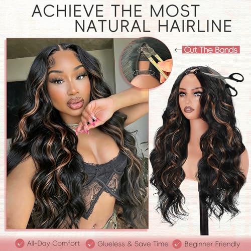 Uioxvn V Part Wig Body Wave Highlights Wigs for Women 24 Inch Black Mix Brown U-Part Clip in Wigs Synthetic Wear and Go Glueless Wig No Sew In Wavy Half Hair Wigs for Daily Use — view 4