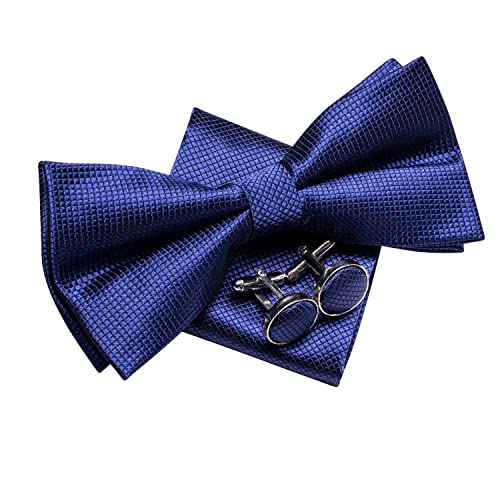 Image of Hi-Tie Pretied Bow Ties for Men Wedding Formal Bow Tie Handkerchief Cufflinks Lapel Pin Set Party Formal Mens Bowtie Set, Dark Blue Plaid, Medium