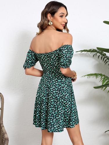 Image of Missufe Women's Puff Short Sleeve Drawstring Ruched Front Fit and Flare Floral Summer Casual Short Dress