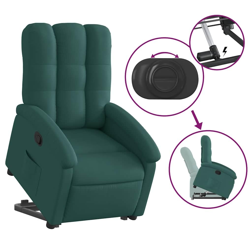 Sillón elevador reclinable verde oscuro de tela con motor eléctrico y función manual para elevación e inclinación hasta 135 grados