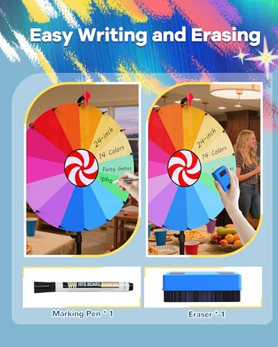 QWUIU 24 Inch Spinning Prize Wheel, Ajustable Height Spin Doodle Game Spinner, Storable Prize Wheel Spinner with Telescopic Stand, Wheel of Fortune Game, 14 Colors - Thumbnail 3