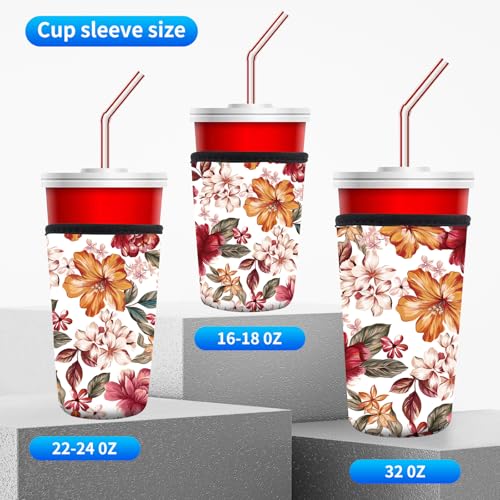 Image of 3 Pack Reusable Neoprene Insulator Sleeve for Iced Coffee Cups, Funny Coffee Cup Sleeves for 16-32oz Coffee cups, Cute Drink Sleeve for Cold Hot Beverages Cute Red Floral