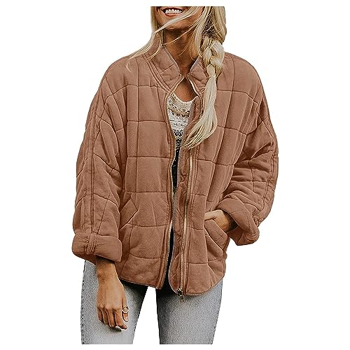 Womens Quilted Puffer Jackets Baggy Lightweight Zipper Button Short Padded Down Coats Warm Outwear Tops with Pockets