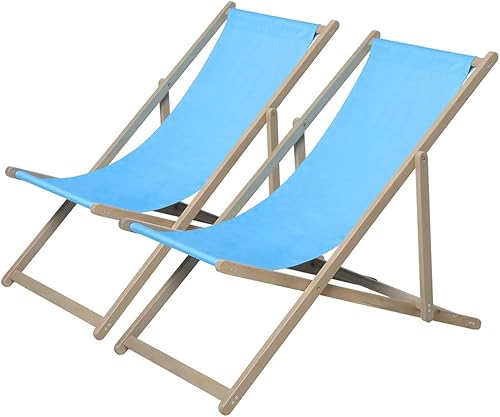 Juego de 2 sillas de playa, sillas plegables de madera ajustable para exteriores con lona de poliéster azul, silla de playa reclinable portátil