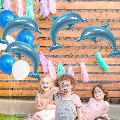 Image of Sea Animal Balloons 4pcs Ocean Themed Balloon Party Decoration,large Blue Dolphin 46 Inch Mylar Balloons,ocean Balloon Birthday Party Decorations