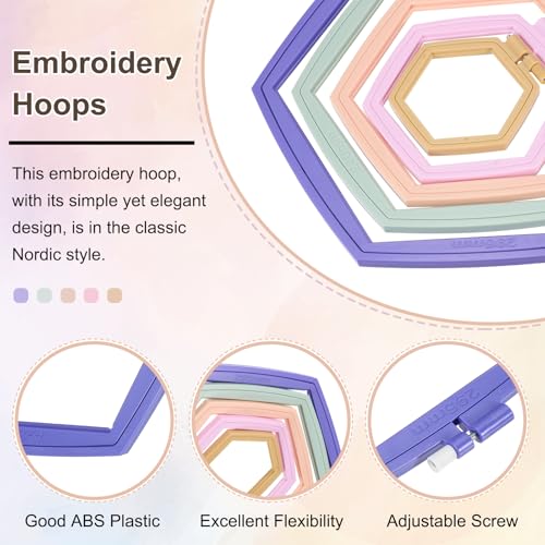 Image of PATIKIL 5 Pieces 5 Sizes Hexagonal Embroidery Hoops, Adjustable Cross Stitch Hoops Ring ABS Plastic Embroidery Frame Punch Needle Hoop for Sewing, Needlework, DIY Craft, Multicolored