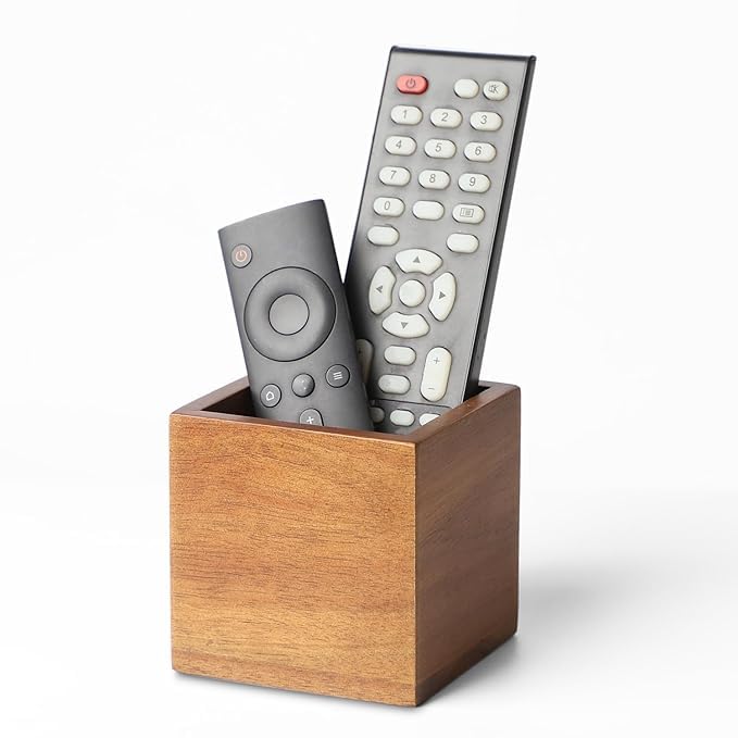 Remote Control Holder Caddy, Acacia Wood TV Remote Holder, Remote Organizer for Table,Vintage Farmhouse Desk Caddy (Brown-no logo for 2 or 3 Remote Controls)-image-3