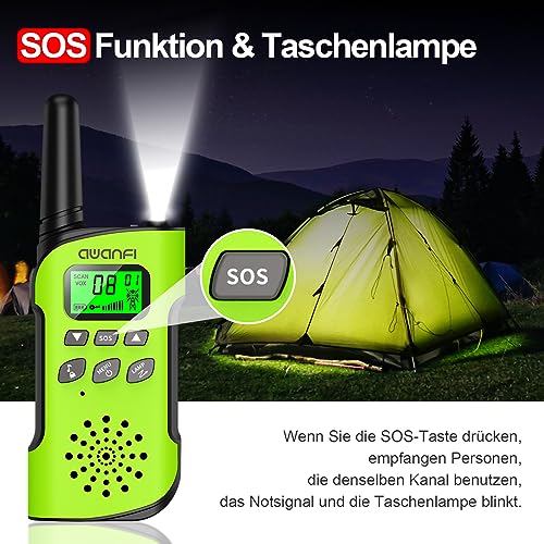 AWANFI Walkie Talkie Kinder, 3-12 Jahre, Walkie Talkie Aufladbar mit Li-ion Akku, Funkgerät Set, Walky Talky mit VOX, LCD Taschenlampe, Tastensperre, Walki Talki für Geschenk Camping Abenteuer