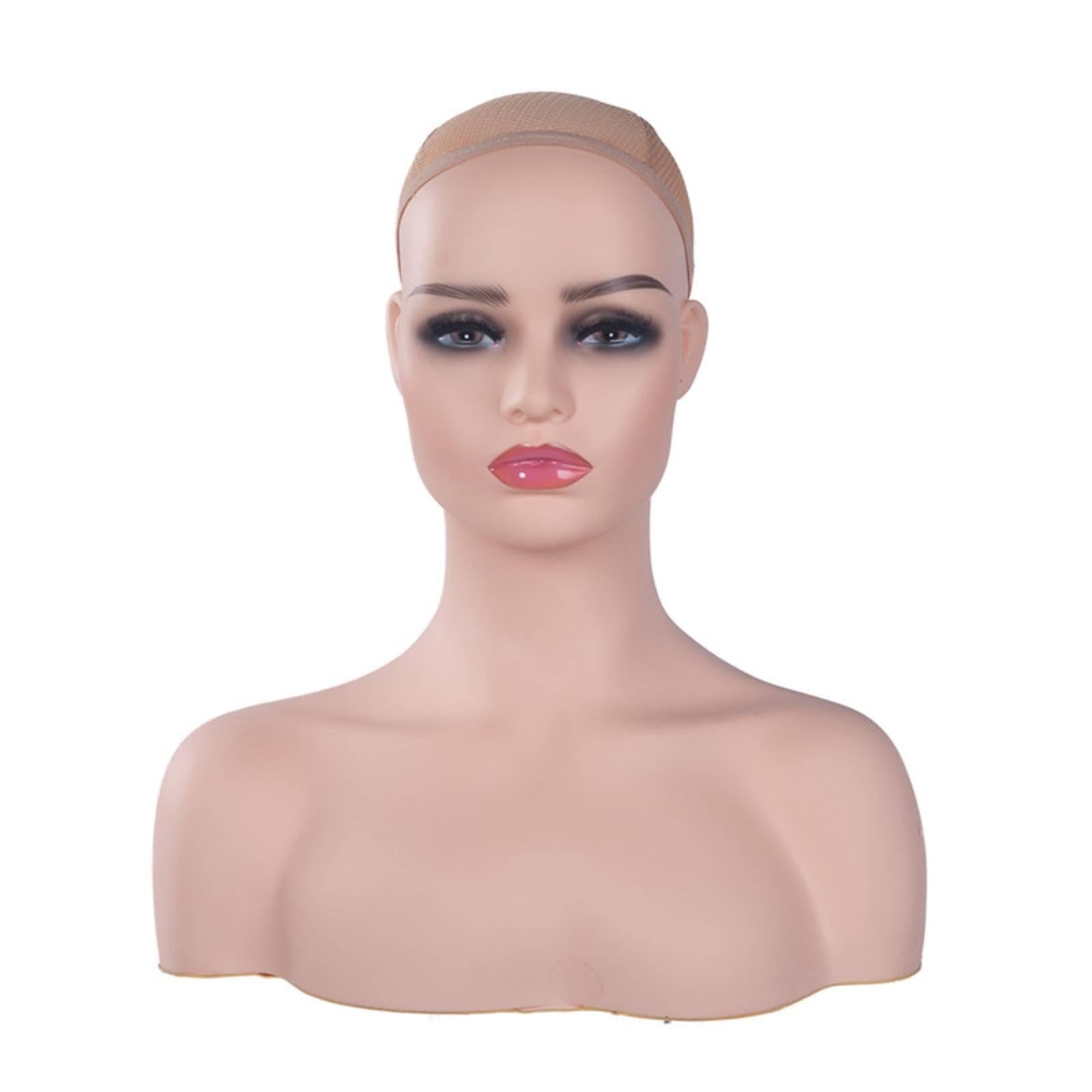 Mannequin Head with Shoulders Smooth Surface Realistic Female Mannequin Head Skin Tone-image-40