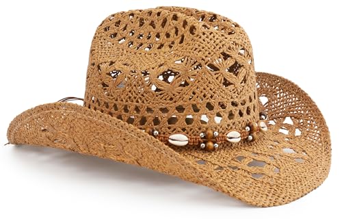 Image of Straw Cowboy Hat, Western Cowgirl Hat, Wide Brim Sun Beach Hat for Men and Women