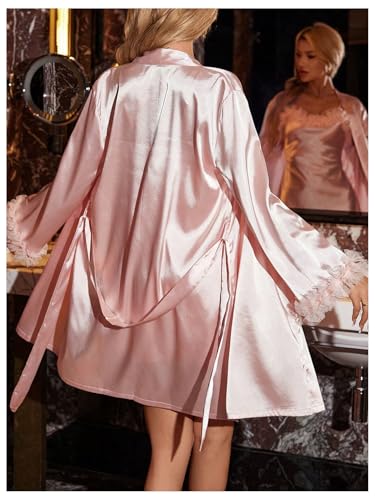 OYOANGLE Women's 2 Piece Satin Robe Set Mesh Floral Trim Chemise and Long Sleeve Kimono Pajama Sets3