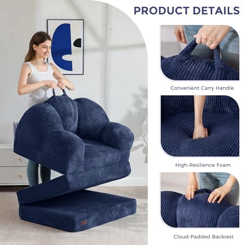 Image of MAXYOYO Folding Sofa Bed, Floral-Shaped Convertible Floor Sofa Couch with Backrest, 2 in 1 Comfy Lounger Bean Bag Chair with Handle, Floor Single Couch for Living Room Bedroom, Navy