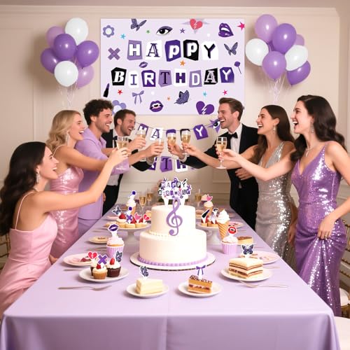 Image of Grencian Purple Birthday Decorations for Women Girls Happy Birthday Backdrop Banner Balloons Cake Toppers for Music Fans Gathering Themed Celebrations Purple Party Supplies